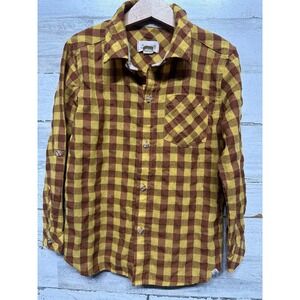 Me & Henry Button Down Shirt Boys 6/7 Yellow Brown Gingham Plaid EUC